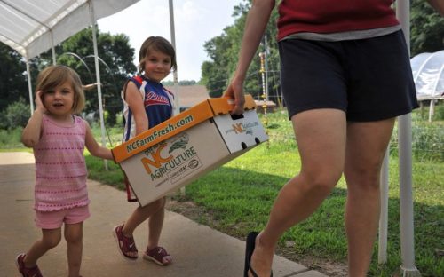 Poplar Ridge Farm (Union County) - Family picking up weekly produce "subscription." 