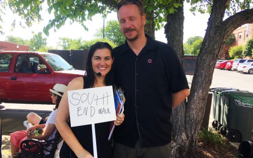 Sonjia Parker, with partner, Max, led the May 27 City Walk through parts of South End. Photo: Mary Newsom