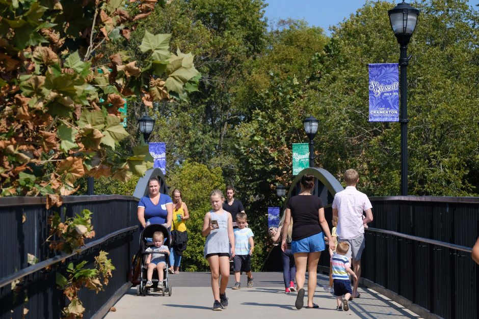 The pedestrian bridge to Goat Island, developed by the town of Cramerton. Photo: Nancy Pierce