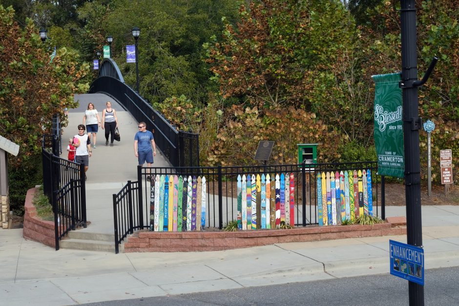 The pedestrian bridge from downtown Cramerton to the 30-acre park on Goat Island. Photo: Nancy Pierce