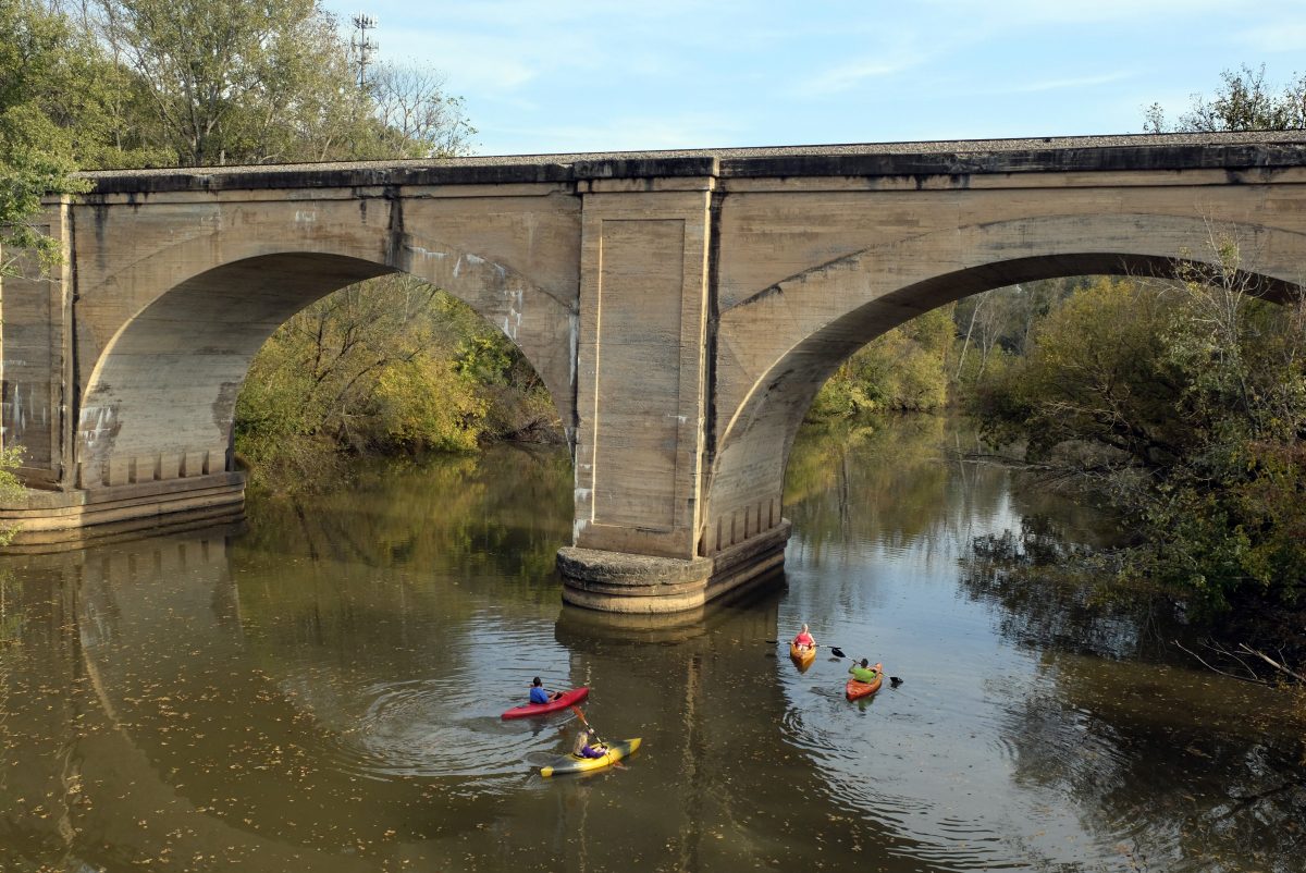 Paddlers at the Norfolk Southern Railroad trestle in Cramerton. Photo: Nancy Pierce.