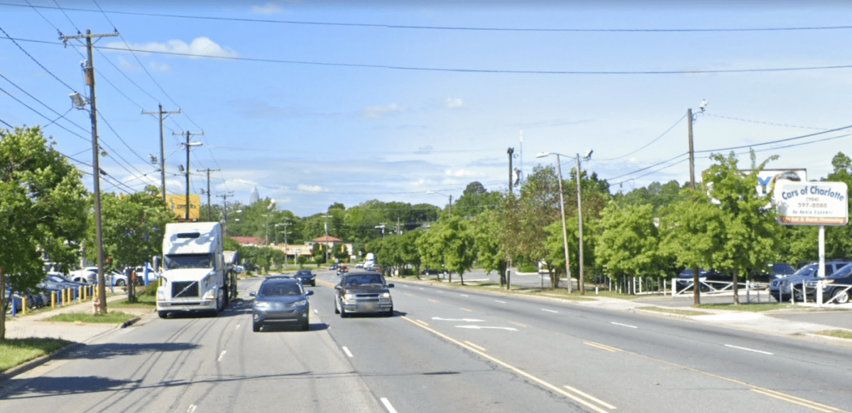 North Tryon Street is near the Blue Line, but not pedestrian- or bicycle-friendly. Photo: Google Street View.