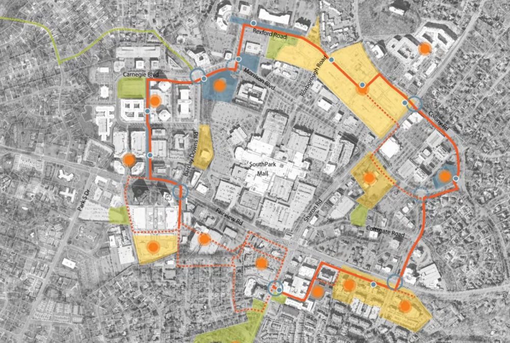 The planned route of the SouthPark Loop, a three-mile route that's meant to provide ways to get around besides a car. City of Charlotte.