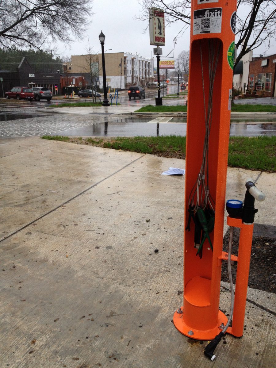 Bicycle maintenance stand in Plaza Midwood.