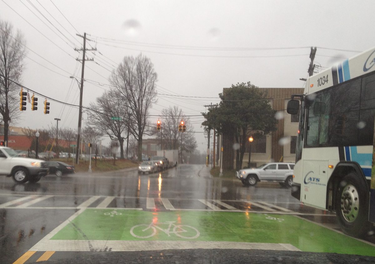 View of bike box at Carson and South Blvd