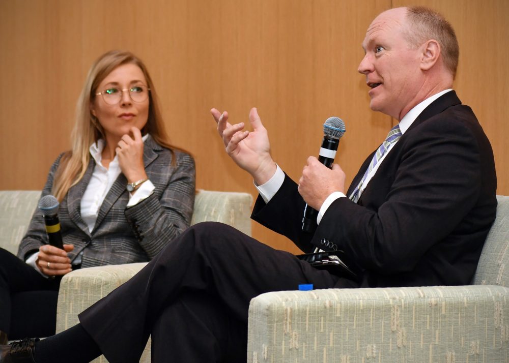 Jeff Michael and keynote speaker Sarah Smarsh at the 2019 Schul Forum