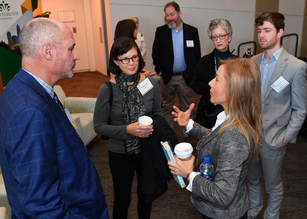 Keynote speaker Sarah Smarsh speaks with attendees at the 2019 Schul Forum