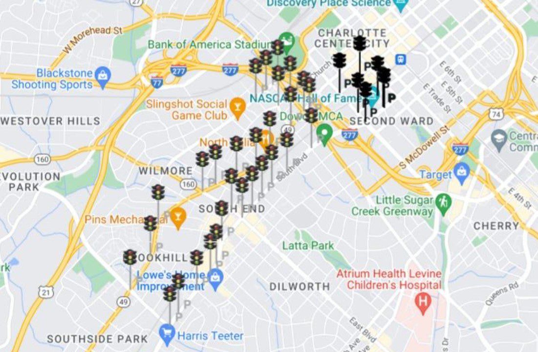 The TravelSafely app alerts drivers of changing lights and of TravelSafely pedestrians who are crossing the street at the South End intersections pictured above. (Photo courtesy of Travel Safely)