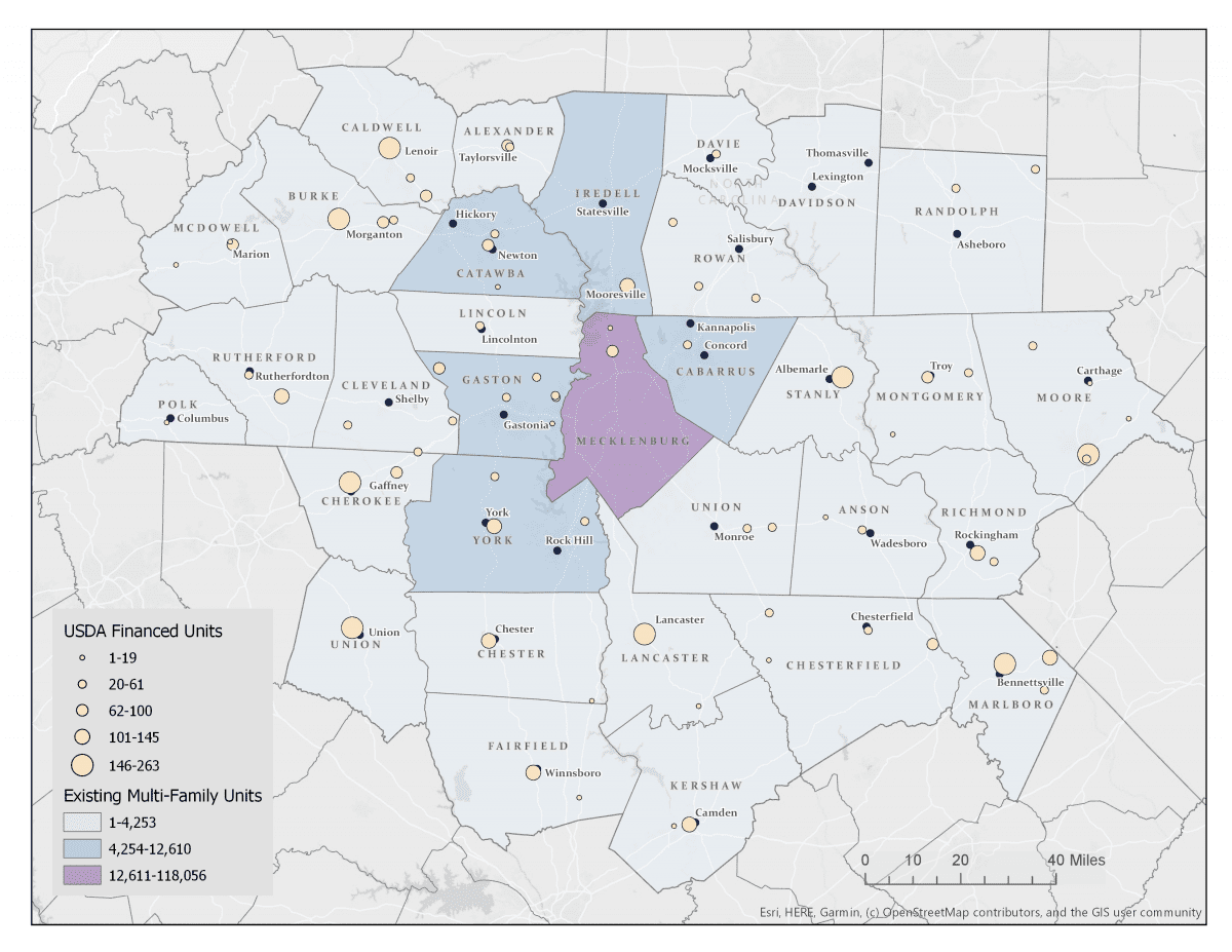 This map shows the availability of multi-family units by county. Darkly shaded regions have the most units, while lightly shaded ones have the fewest.The pinpoints on the map show the approximate locations and number of units subsidized by the USDA Rural Development (Section 515) program; these units total more than 3,000 affordable rental housing units in rural parts of the region.