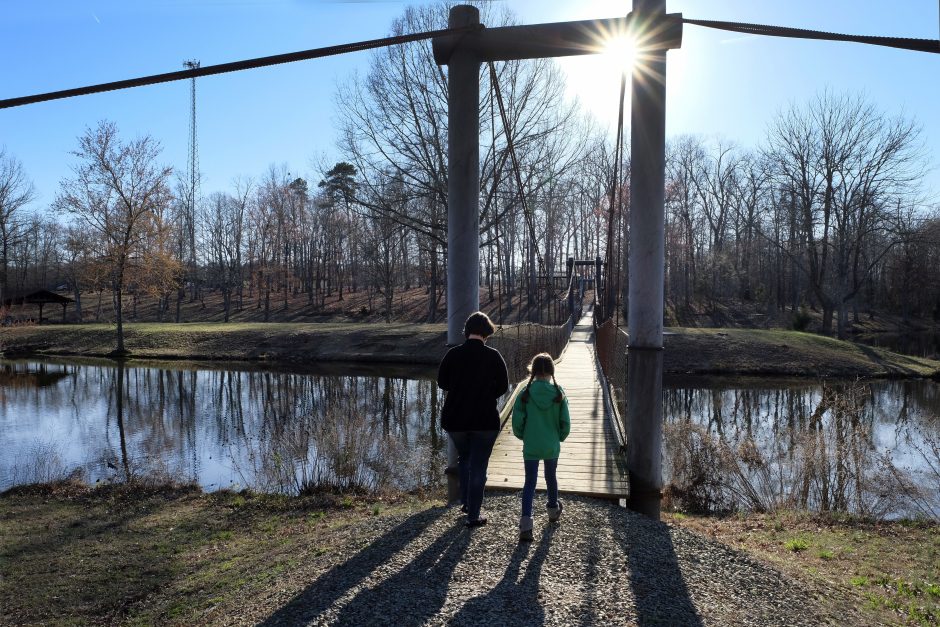 Covered and swinging bridges at Richfield Park trailhead, in Stanly County, part of the Carolina Thread Trail. Photo: Nancy Pierce.