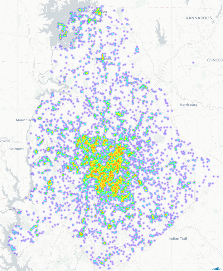 A map of demolition permits issued since 1999 in Mecklenburg County.