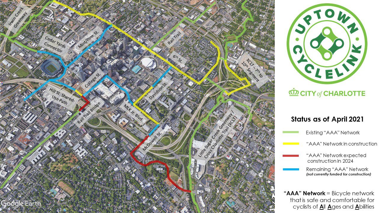 A map of bicycle lanes in uptown Charlotte