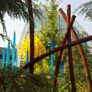 Chihuly Garden and Glass exhibition at the foot of the Space Needle in Seattle, Washington. The picture shows some of Chihuly’s huge blown glass artworks in a garden setting as nature and art intermingle. Photo: Melissa Currie