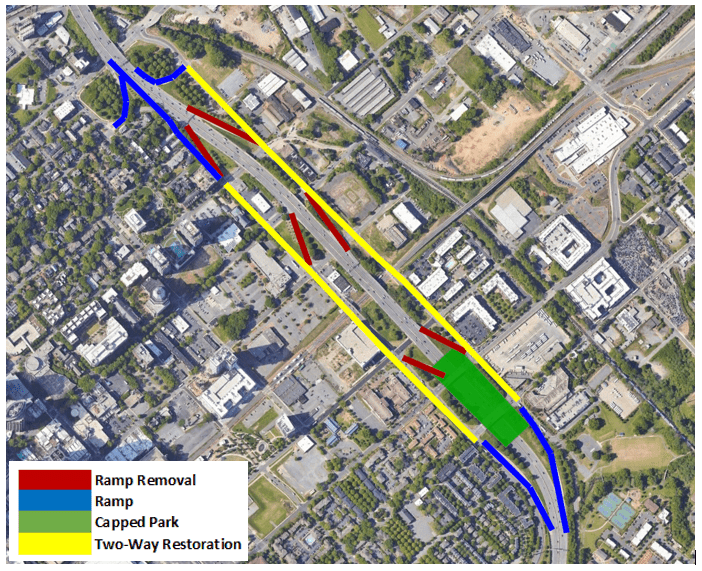 Potential simplification of the Northern segment of I-277 - GoogleEarth